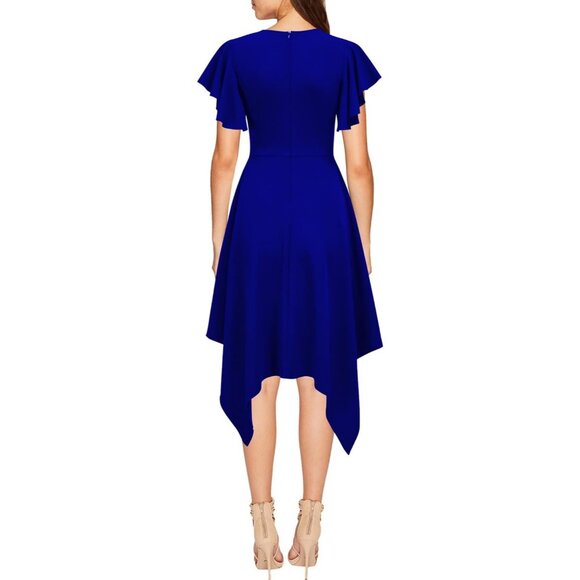 Women Royal Blue V Neck Flutter Sleeve Handkerchief Hem Cocktail Party Dress - Picture 2 of 2